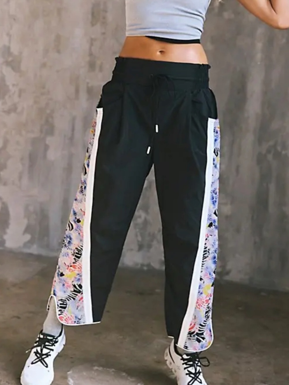 Free People FP Movement Champ is Here Black Track Pants with Floral Side Panels